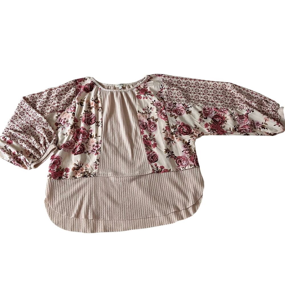 Umgee Pink Floral Mixed Media Long Sleeve Top Wmns S Popover Cottagecore Boho